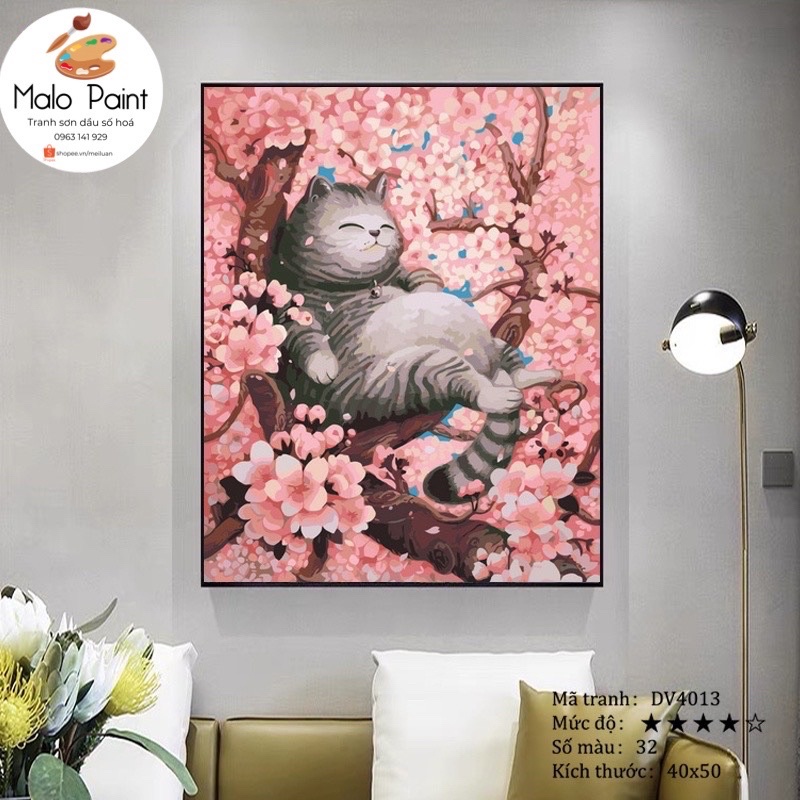 Tranh sơn dầu số hoá tự tô màu Tranh Phong Cảnh Mèo Béo Ngồi Trên Cây Hoa Anh Đào