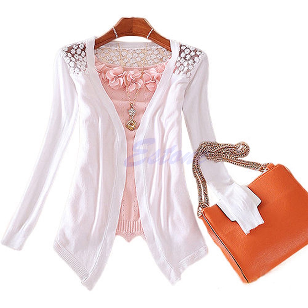 Áo Khoác Cardigan Dệt Kim Phối Ren Màu Sắc Ngọt Ngào Xinh Xắn Cho Nữ