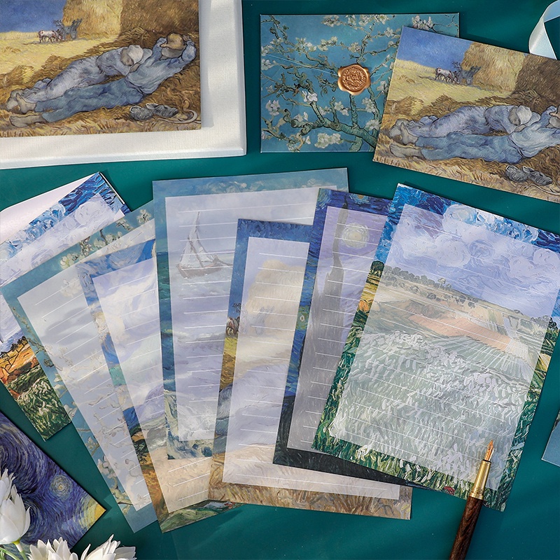 Set 6 Phong Thư Bằng Giấy Họa Tiết Tranh Sơn Dầu Van Gogh Lãng Mạn
