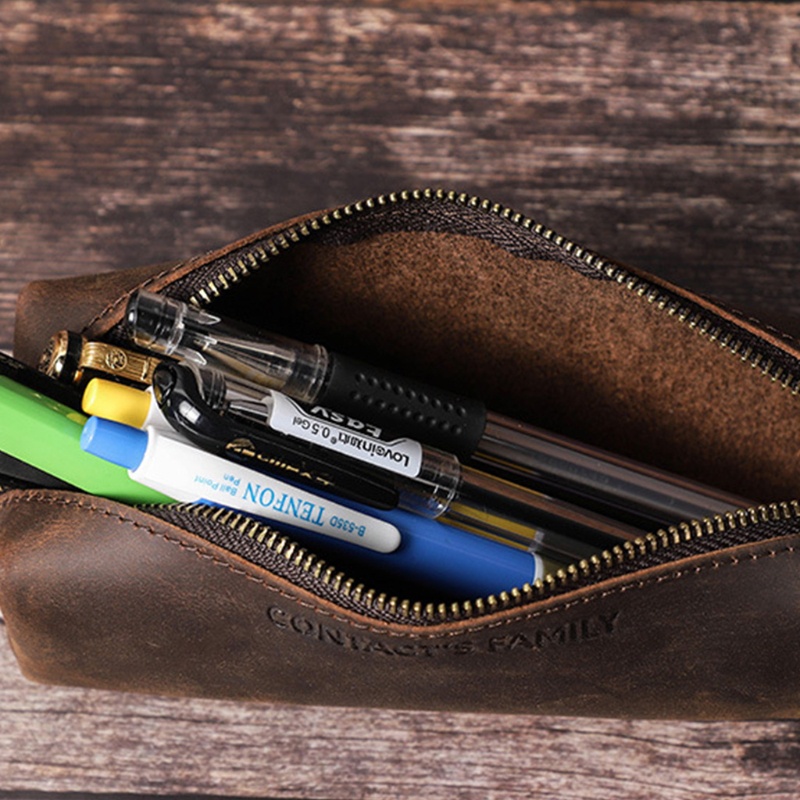 Túi Đựng Bút Bằng Da Bò Thật Có Khóa Kéo Phong Cách Vintage
