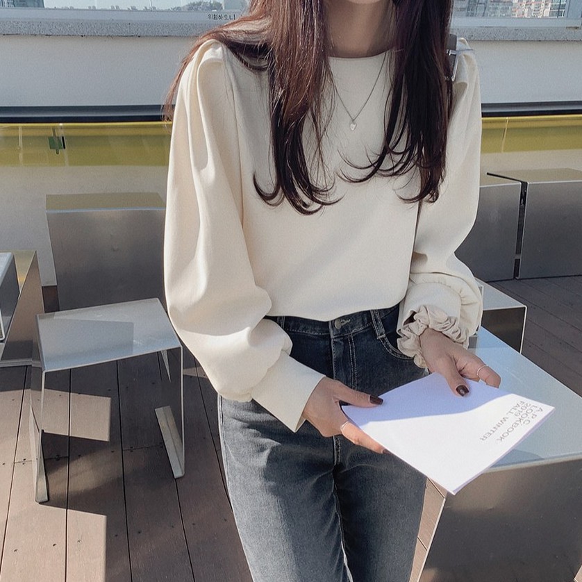 Áo sơ mi nữ cổ tròn dài tay màu trơn đơn giản 38654