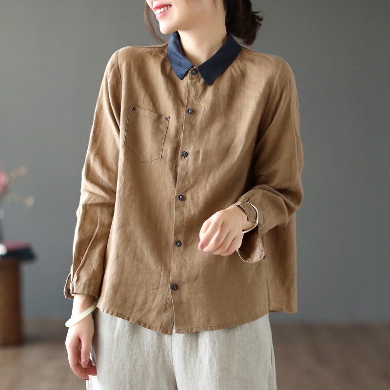Áo kiểu bằng cotton lanh mát tay dài thời trang nữ
