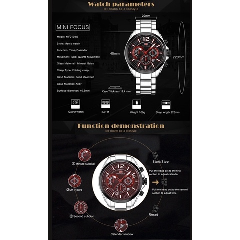 Đồng hồ nam MINI FOCUS MF0104G.04 dây thép mặt đen viền thép không gỉ kim bạc 3 kim hàng chính hãng cao cấp Nhật Bản
