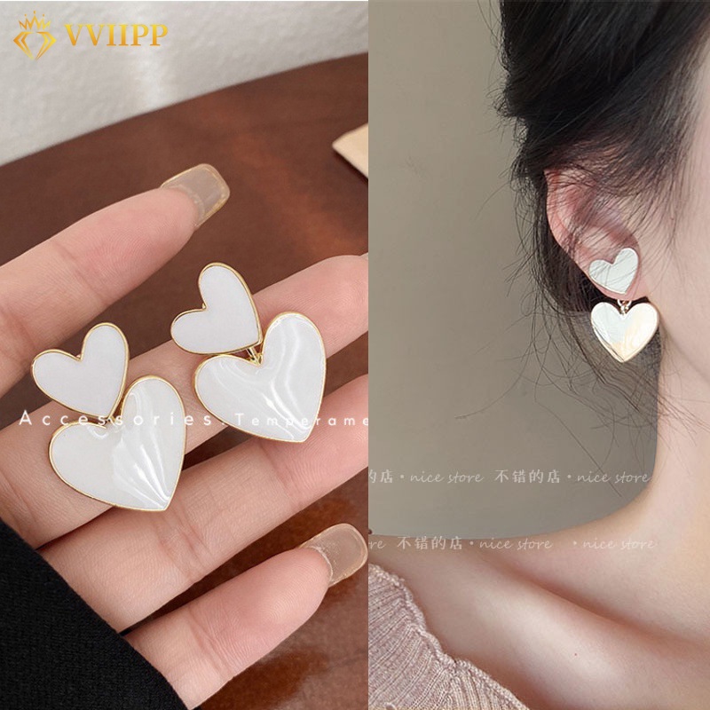 Khuyên Tai Hai Lớp S925 Trái Tim Dầu Nhỏ Giọt Phong Cách Hàn Quốc Cho Nữ