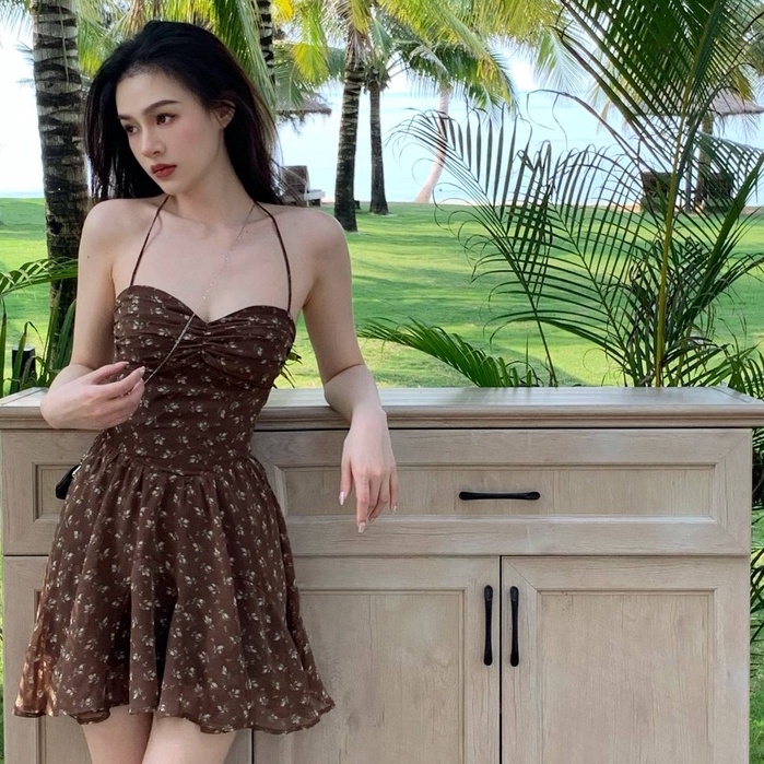 [MURIOKI] Đầm Chữ A Không Tay Hở Lưng Cổ Chữ V In Họa Tiết Hoa Phong Cách Hàn Quốc Dành Cho Nữ