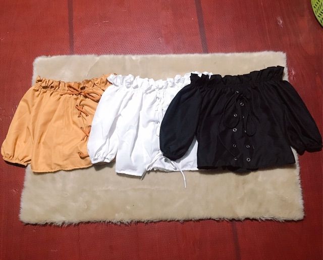 Áo croptop bệt vai đan dây (ảnh thật)