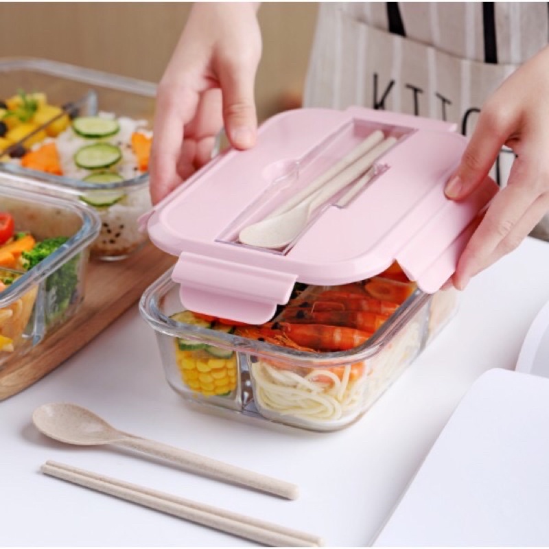 Bộ hộp cơm văn phòng bằng thủy tinh cao cấp chia ngăn kèm túi giữ nhiệt + Bộ thìa