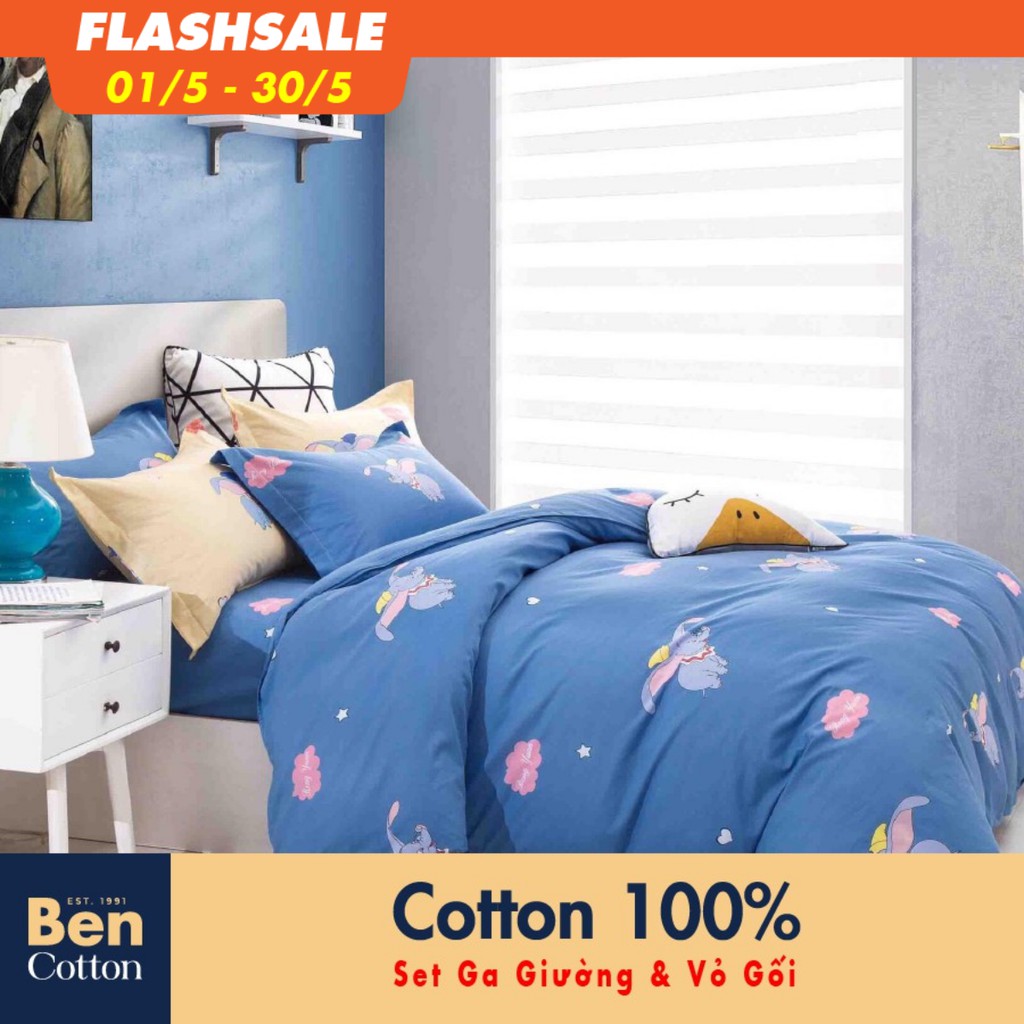 [FREESHIP] Bộ Ra Giường & Vỏ Gối Cotton 100% 1 Tấc 2 Tấc-762 - 1m6 1m8 - BENCOTTON - Xanh Dương Hoạt Hình Em Bé Con voi