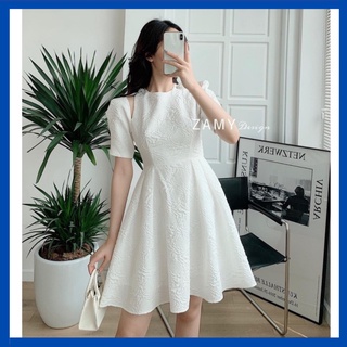 đầm thiết kế, đầm dáng xòe dập vân 3D nổi chiết eo xinh xắn