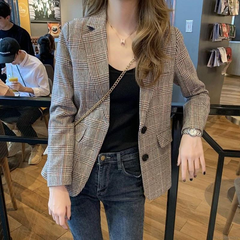 Áo khoác vest ngắn sọc caro retro giản dị thời trang Hàn Quốc