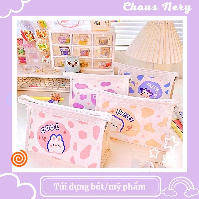Túi đựng bút/ mỹ phẩm size lớn hình bò sữa dễ thương chất liệu da pu chống thấm nước
