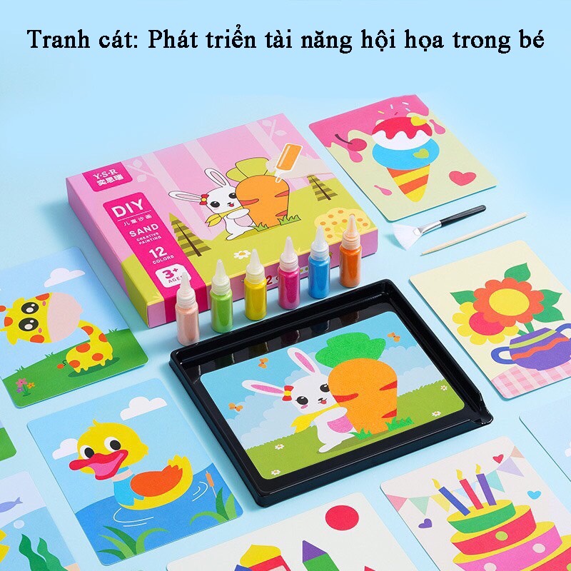 Hộp tranh cát cho bé 12 màu 16 chủ đề, Tô tranh cát cho bé bản cảo cấp