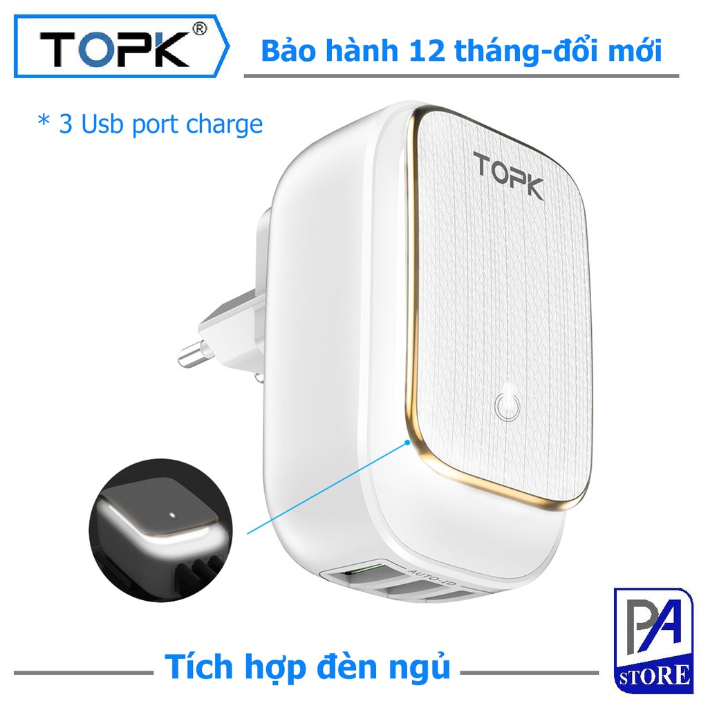 Củ Sạc Điện Thoại TOPK - 3 Cổng USB – Tích Hợp Đèn Ngủ Cảm Ứng