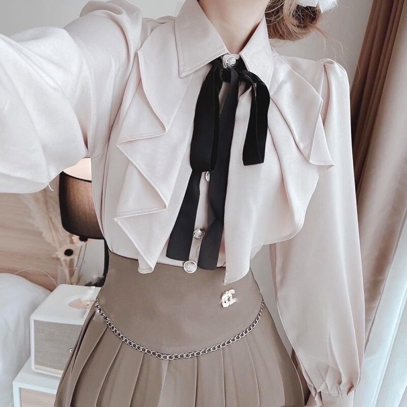 Áo sơ mi nữ áo kiểu nữ tiểu thư phối bèo cổ nơ sang chảnh PANOSI