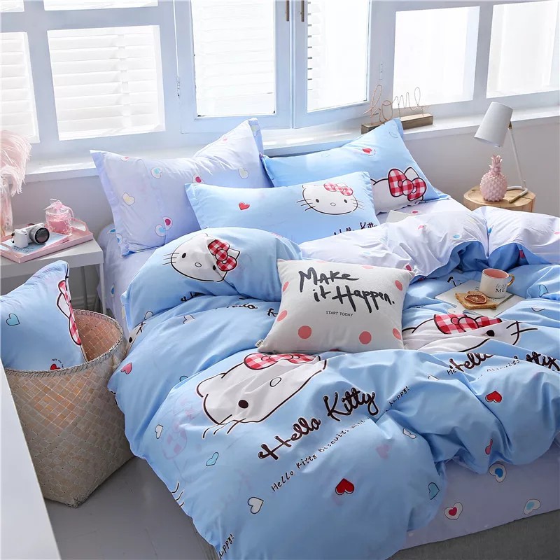 Chăn Ga Gối , cotton poly chăn ga Hàn Quốc đủ màu đủ size miễn phí bo chun mẫu KITTY XANH