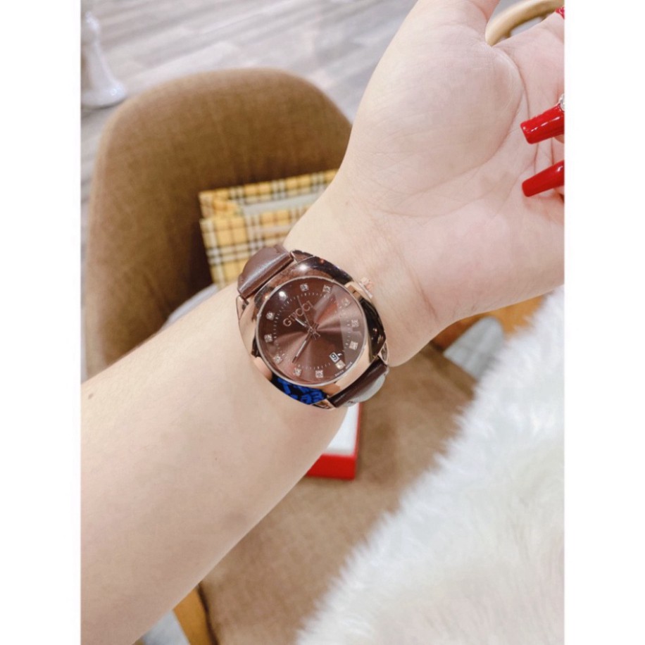 Đồng hồ nữ gucci  quai da đeo tay chống nước măt tròn màu nâu tây thời thượng