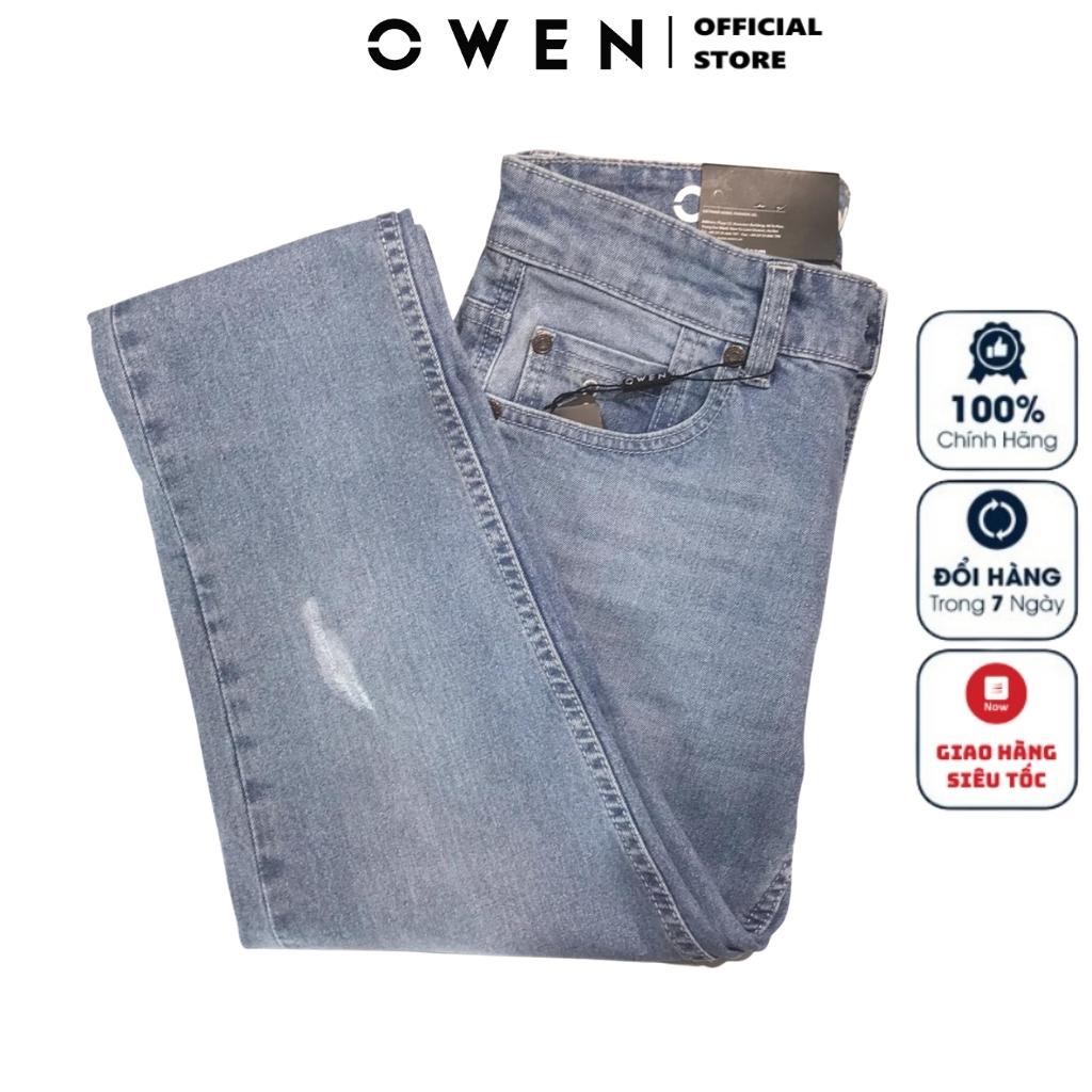 Quần Jean Nam Quần Bò Hàng Hiệu Owen QJSL221486 Màu Xanh Nhạt Dáng Slim Fit Ống Côn Vải Denim Cotton Cao Cấp Co Giãn Tốt