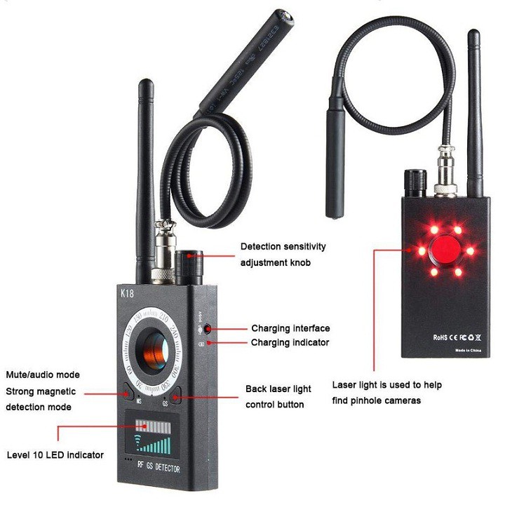 Thiết bị RF Detector K18 - Máy phát hiện Theo Dõi Camera, GPS, Nghe Lén, Định Vị K18 RF Detector