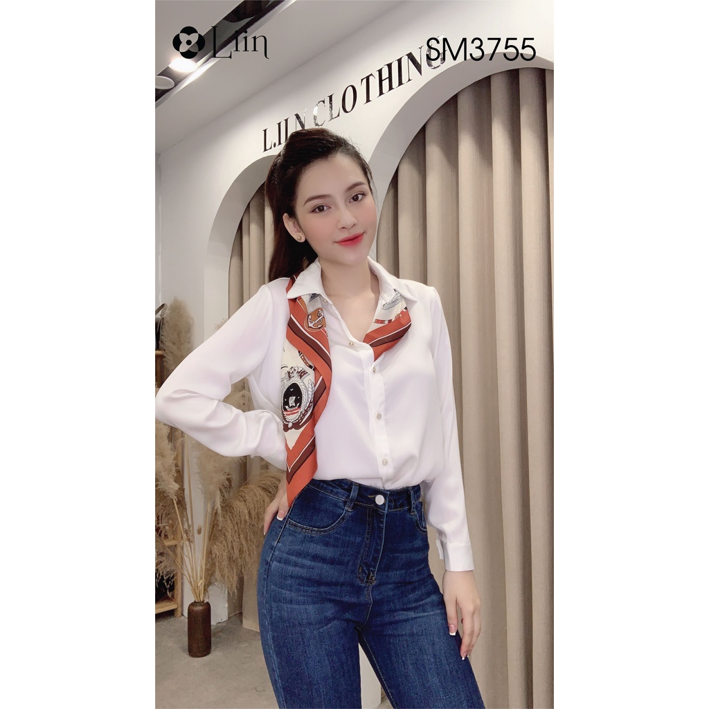 Áo sơ mi chất Lụa đẹp màu Trắng Kèm Khăn phong cách trẻ trung, năng động Liin Clothing SM3755