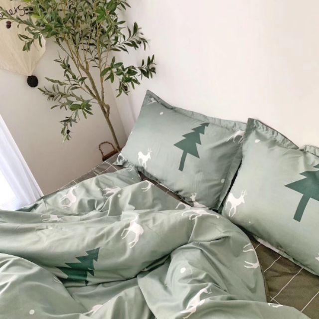 Bộ vỏ chăn ga gối Cotton poly mẫu Hiêu xanh ngọc. Chăn ga phong cách Hàn quốc shopquycgg