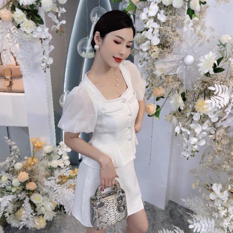 SET ÁO DẠ TAY PHỐI VOAN PEPLUM XOÈ NHẸ NÚT CỔ VIỀN REN + CHÂN VÁY XẺ