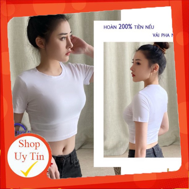 Áo croptop nữ trắng cổ tròn trơn basic vải thun gân cotton mặc mát OZENKA , áo kiểu crt ôm body ngắn tay đẹp