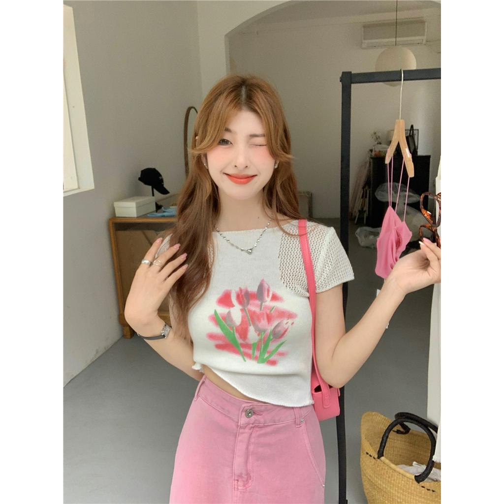 Áo Thun Gân Ngắn Tay In Hoa Phong Cách Mới Dành Cho Mùa Hè 62410
