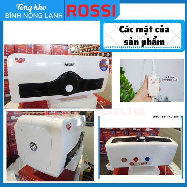 Bình nóng lạnh gián tiếp Rossi RUBIS 15-20-30 LÍT NGANG - RR15-20-30 SL, bảo hành 07 năm toàn quốc