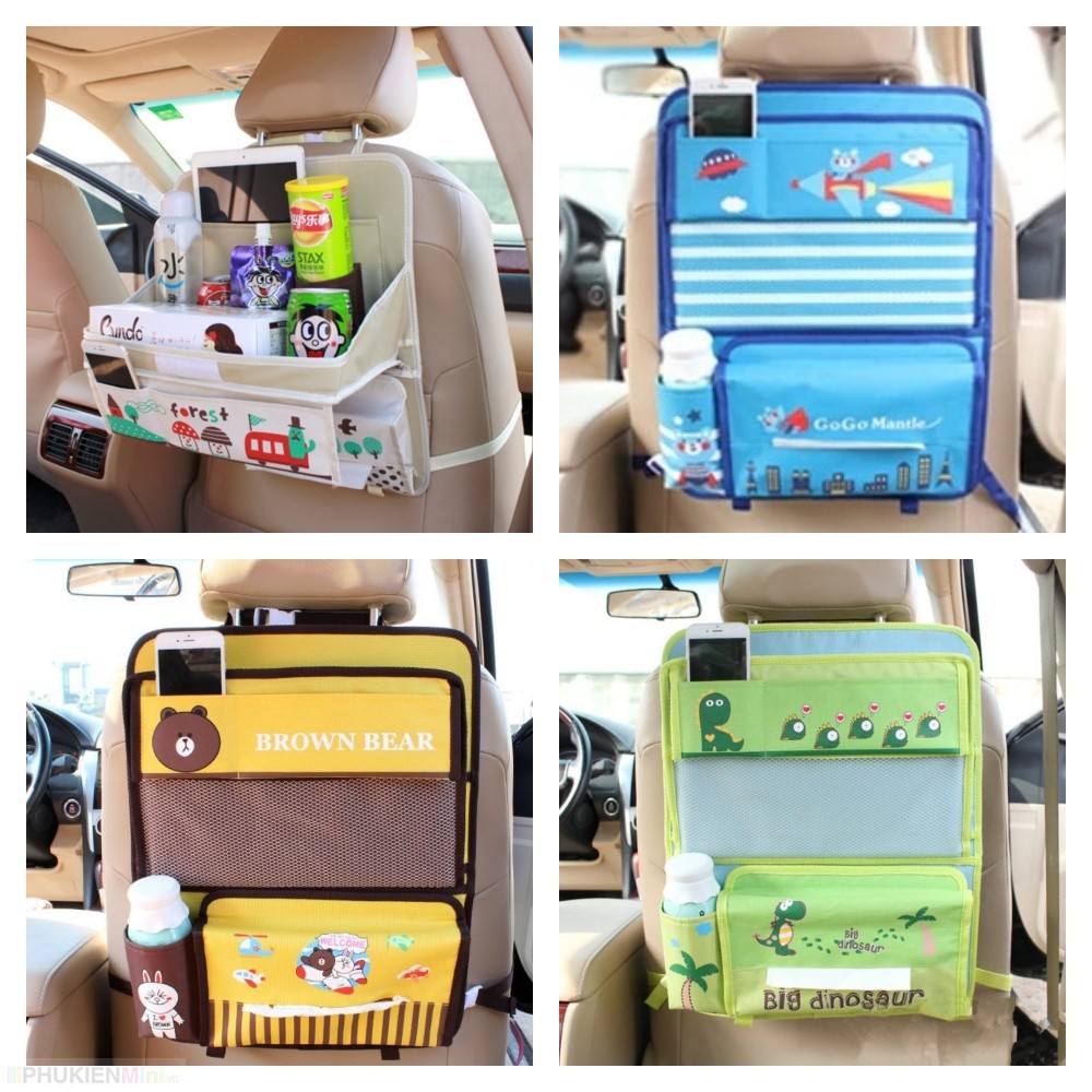 Túi treo đồ có khay bàn ăn xếp gọn móc sau ghế ô tô, xe hơi kiểu mẫu hoạt hình dễ thương cho trẻ em