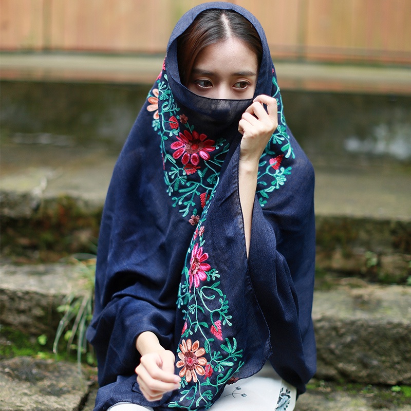 Khăn Choàng Lụa Cỡ Lớn Thêu Họa Tiết Hoa Phong Cách Dân Tộc Thời Trang Đi Biển Mùa Hè