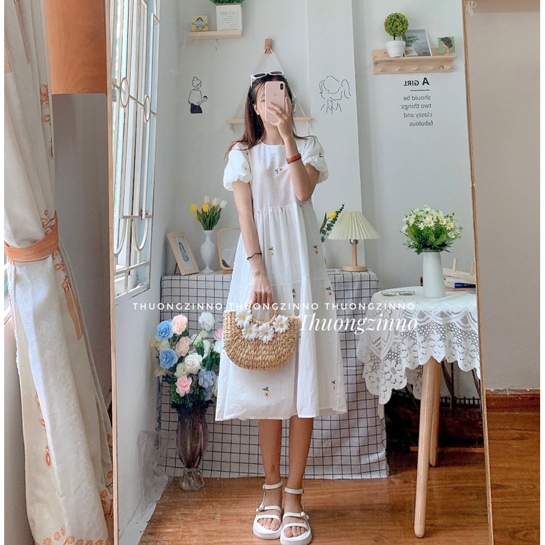 [Ảnh thật/Video] Đầm Váy Hoa Cúc Xinh Đẹp thiết kế Tay Bồng Chất Liệu Lụa Hàn Mềm Mịn