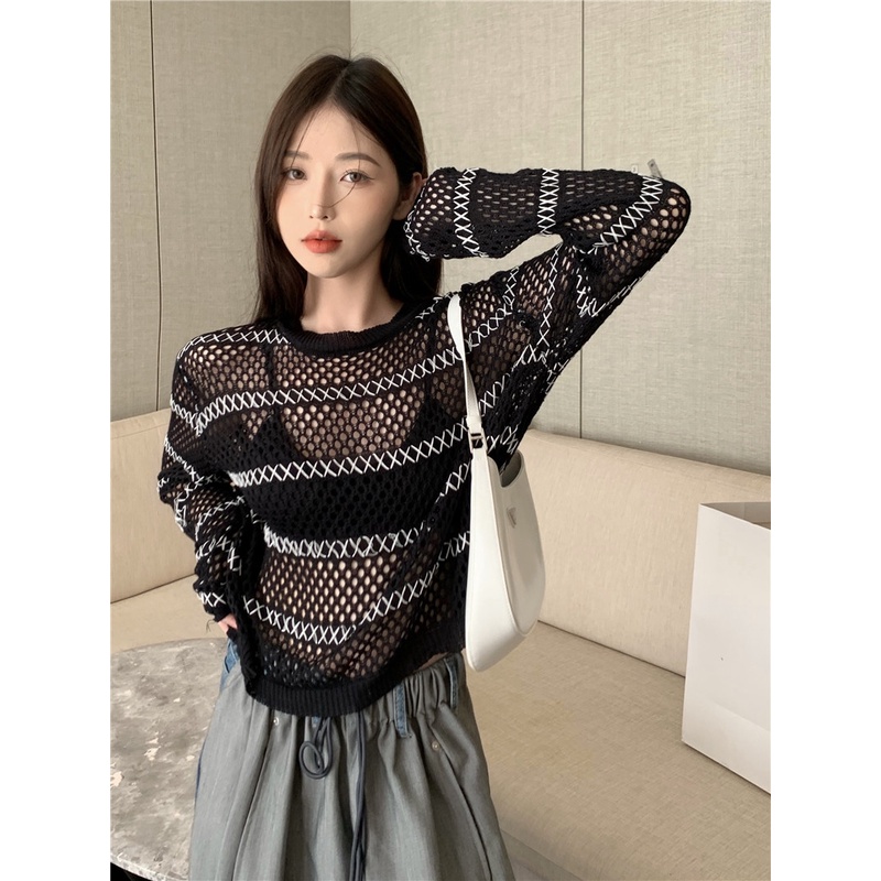 Cocory vn Áo Croptop Mỏng Tay Dài Cổ Tròn Dáng Rộng Trong Suốt Thời Trang Mùa Hè Quyến Rũ Cho Nữ