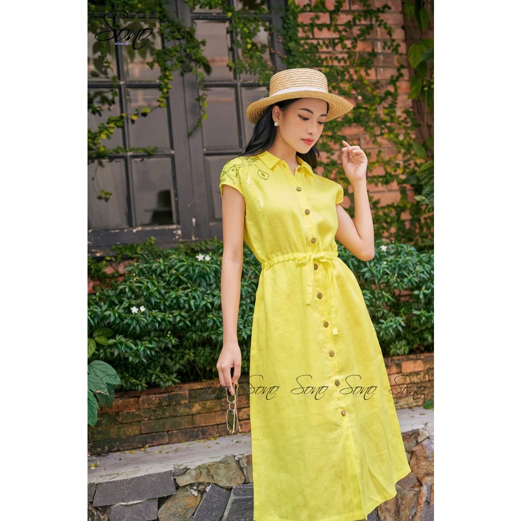 Sono - Đầm Linen Thêu Nơ Nhún Eo Mẫu Thiết Kế Mới Được Thêu Tay Trên Vai Duyên Dáng