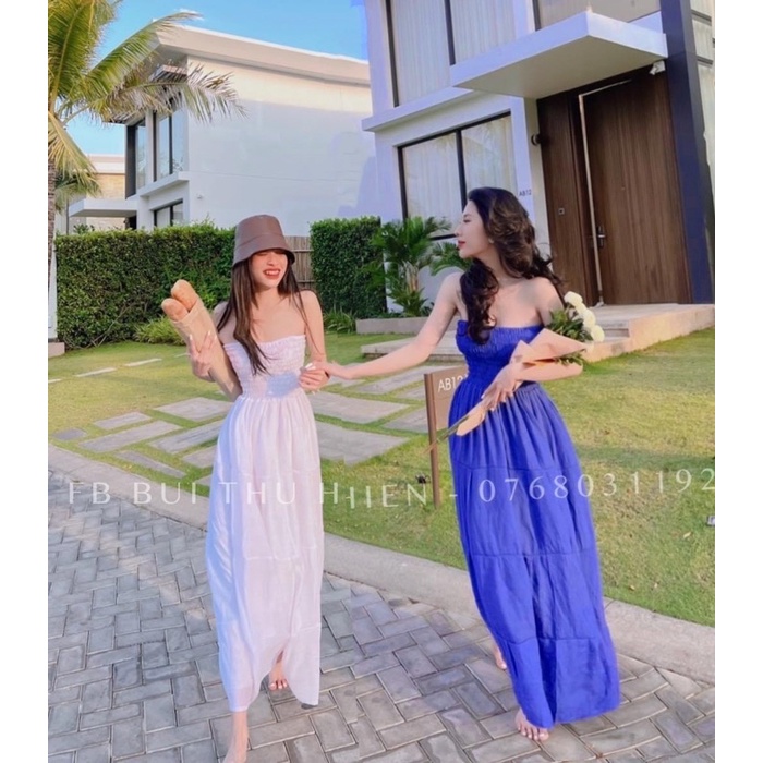 Đầm Maxi Tiểu Thư Đi Biển Du Lịch Bo Chun Cúp Ngực