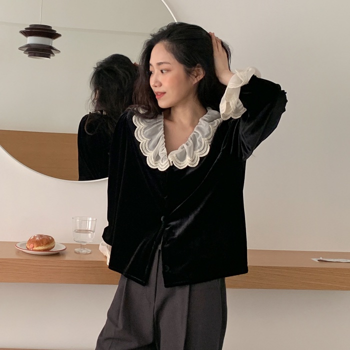 Áo sơ mi nhung SUXI tay dài dáng rộng cổ phối ren thời trang mùa thu phong cách Hàn Quốc