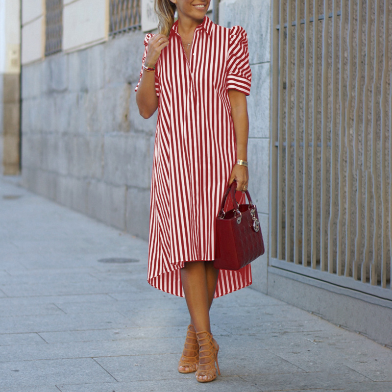 Đầm ZANZEA dáng rộng cho nữ tay phồng cổ bẻ kẻ sọc có nút cài