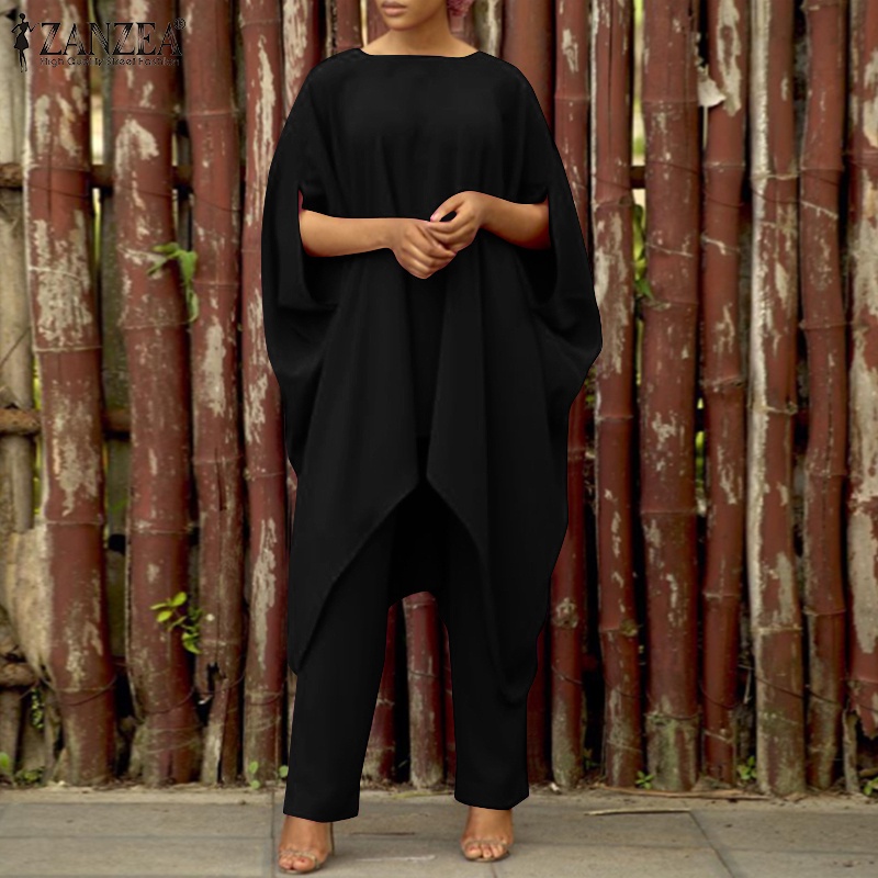 Bộ trang phục ZANZEA gồm áo cổ rộng tay cánh dơi và quần dài màu trơn cho nữ