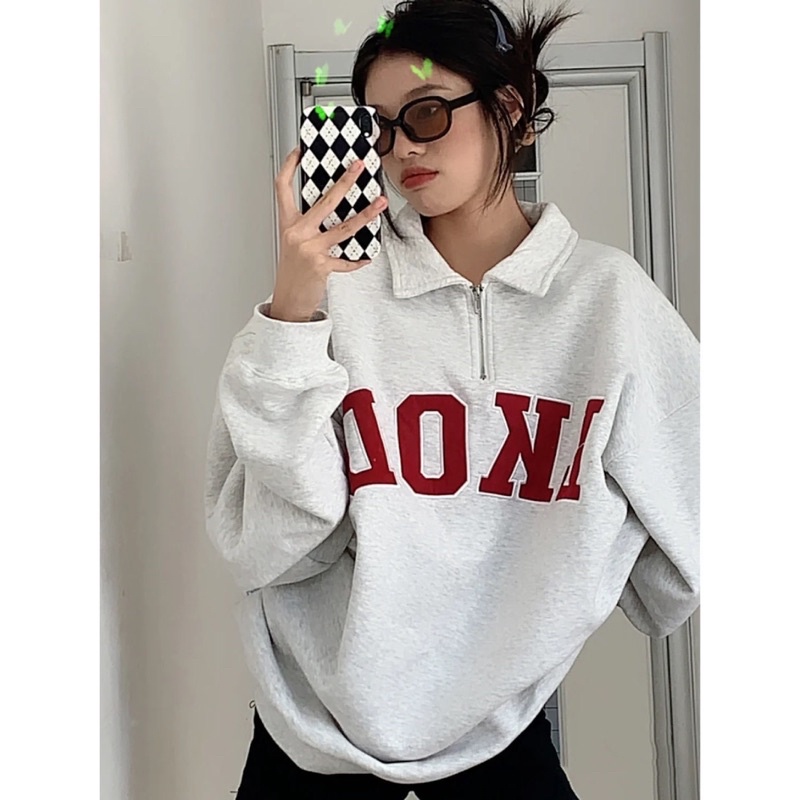 Áo sweater polo form rộng chất nỉ bông dày dặn màu ghi hoạ tiết chữ phong cách ulzzang SẴN