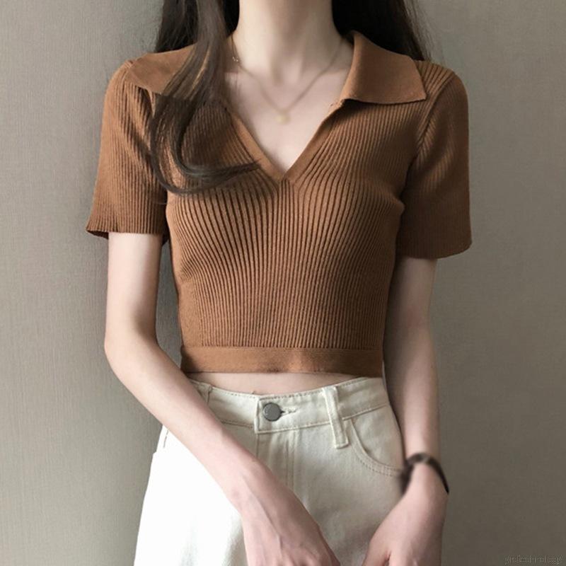 Áo Thun Dệt Kim Tay Ngắn Cổ Chữ V Thiết Kế Hở Lưng Quyến Rũ | BigBuy360 - bigbuy360.vn