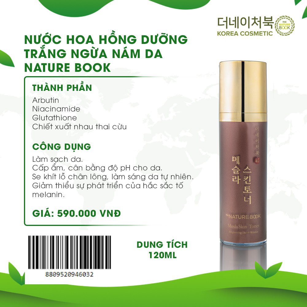 Nước hoa hồng dưỡng trắng ngừa nám da Nature Book Mesla Skin Toner chai 120ml OT003