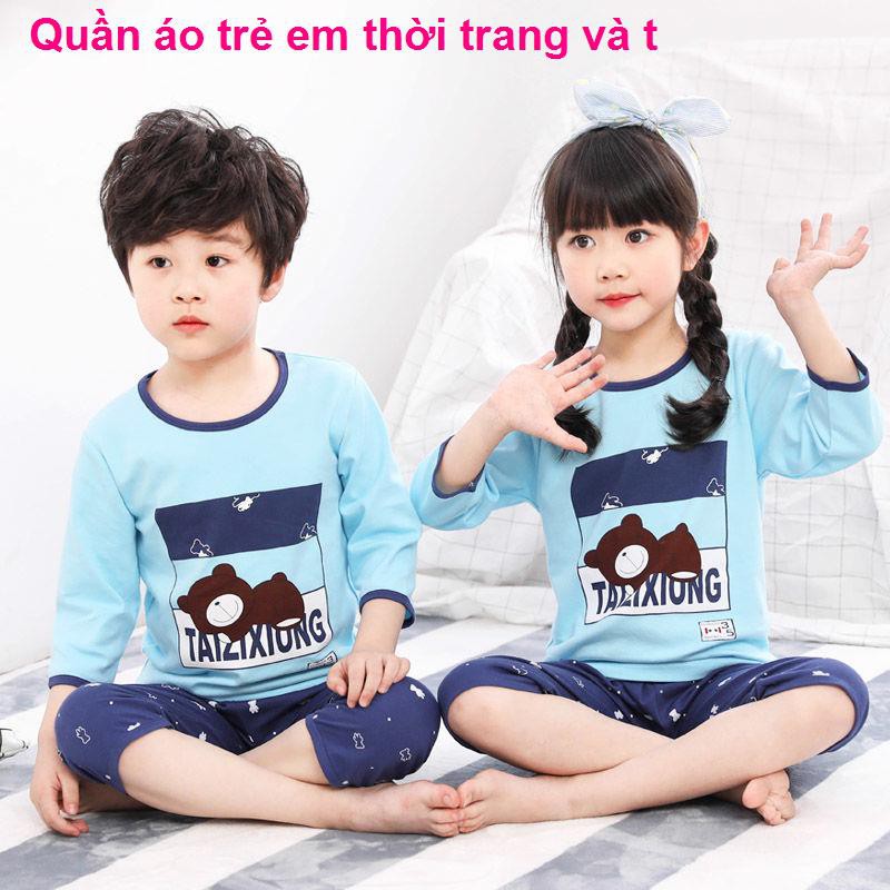 áo bé gáiBộ đồ ngủ trẻ em mùa hè bé trai cotton điều hòa áo sơ mi gái tay ba phần tư quần mặc nhà cho mỏng