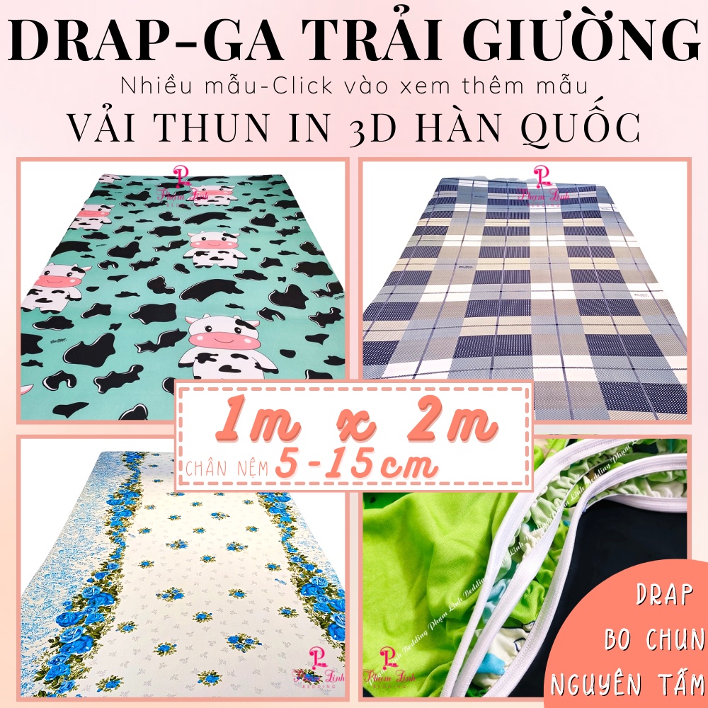 Drap lẻ-Ga trải giường thun in 3D Hàn Quốc sợi polyester size 1mx2m Chân drap cao 20cm Chỉ 1 ga