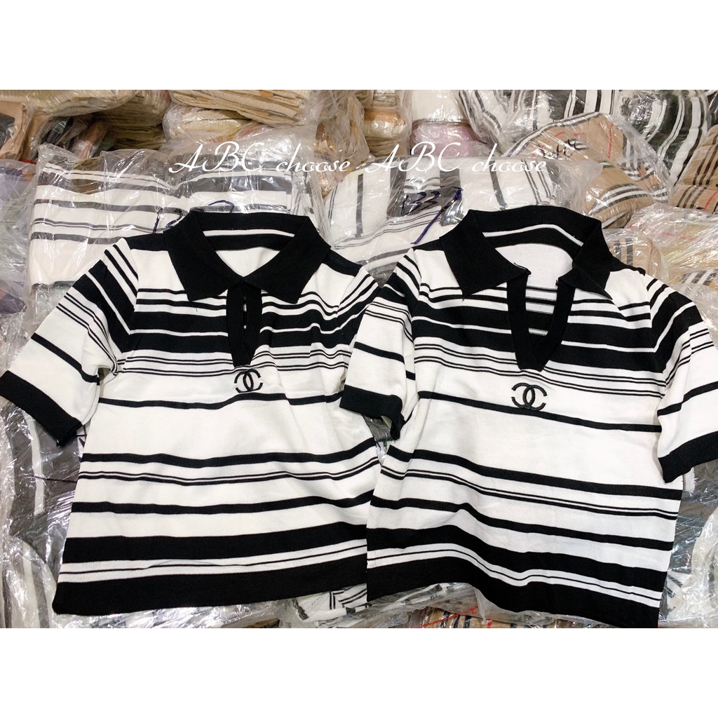 ÁO LEN KẺ CỘC TAY QC 2 MÀU TRẮNG/VÀNG