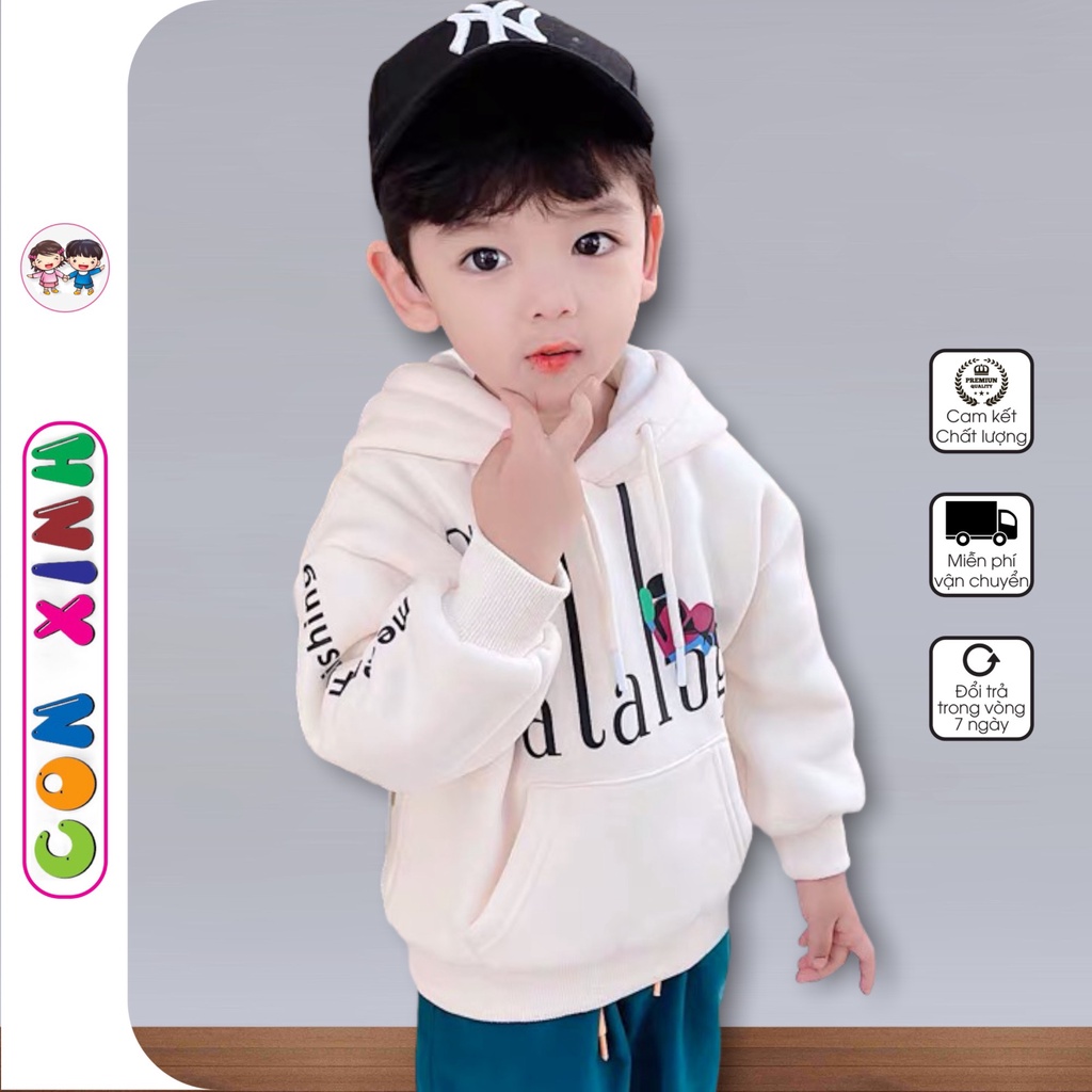 Áo khoác hoodie nỉ bé trai Con Xinh phom rộng hình in chữ CATALOG,thời trang thu đông cho trẻ em từ 4 đến 10 tuổi