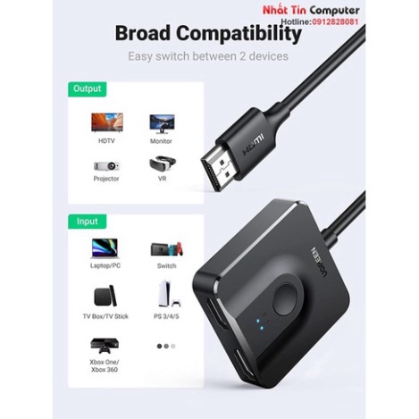 Bộ gộp tín hiệu HDMI 2.0 4K@60Hz Splitter Switch 2 vào 1 Ugreen 70607 cao cấp   - Phân Phối Chính Hãng