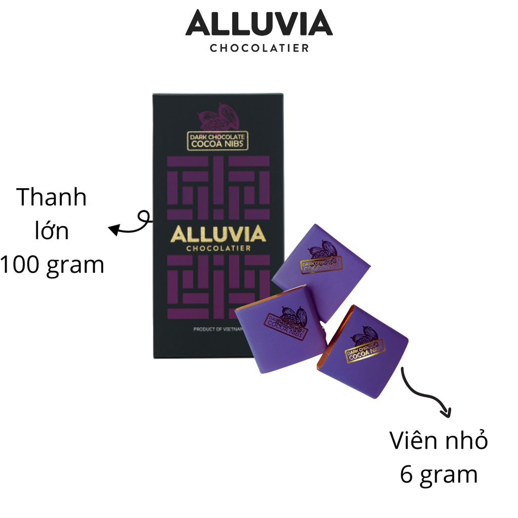 Socola đen nguyên chất nhân hạt cacao rang Alluvia Chocolate thanh lớn 100 gram Dark chocolate with cacao nibs roasted | BigBuy360 - bigbuy360.vn