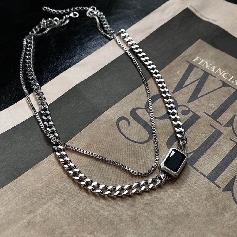 Vòng Cổ Hai Lớp Bằng Thép Titan Màu Đen Thiết Kế Hình Học Sang Trọng Cổ Điển Cho Nữ