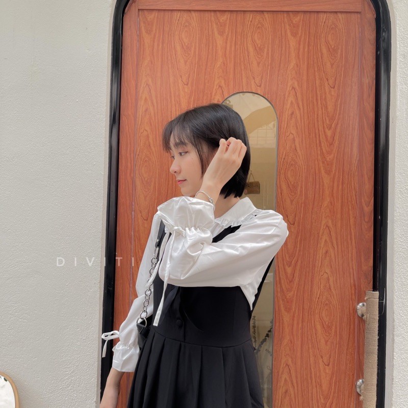 Set sơ mi bèo và đầm yếm midi đuôi cá