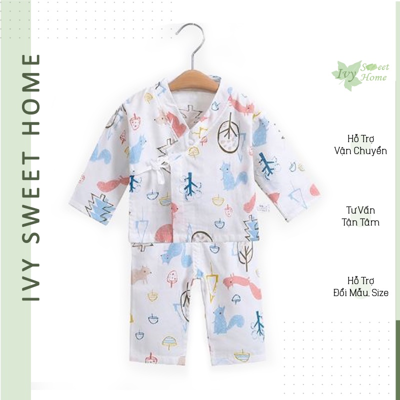 Bộ áo quần mùa hè kiểu kimono bằng vải xô cotton siêu mềm cho bé hình cây xanh IVY505