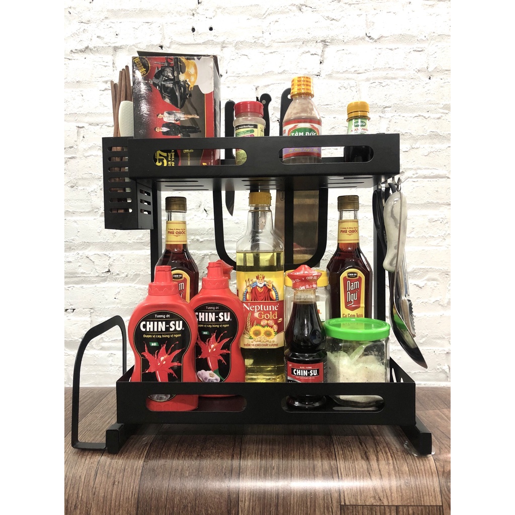 Kệ gia vị 2 tầng đa năng đựng gia vị, dao thớt, đũa thìa chất liệu thép sơn tĩnh điện